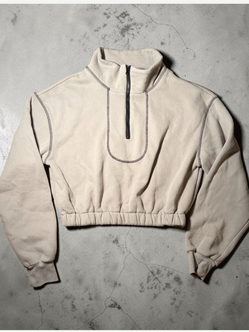 Neutral Cropped Quarter Zip Pullover Fleece Sweatshirt  Small